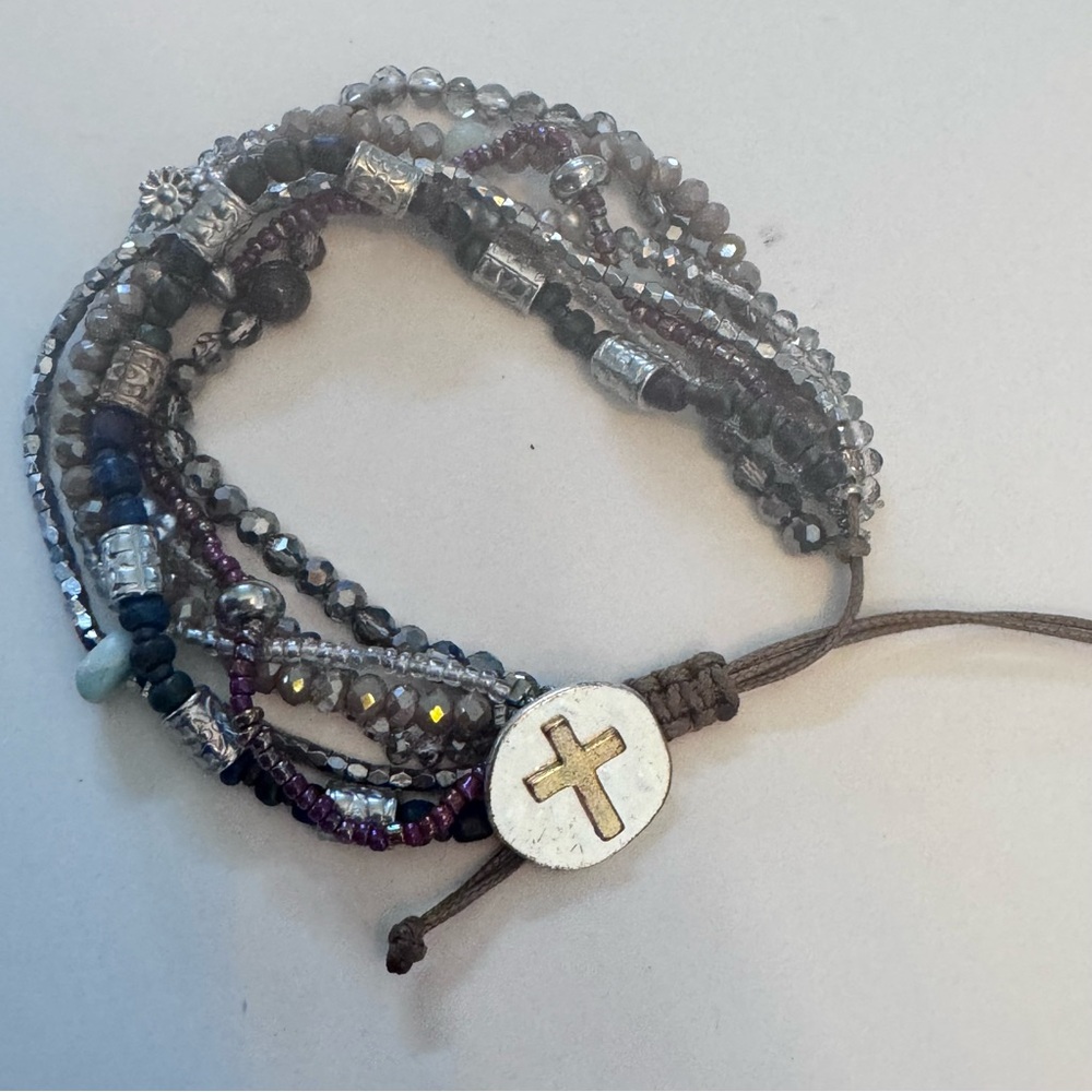 Artisan Multi-Strand Grey and Silver Beaded Bracelet with Cross Charm Adjustable